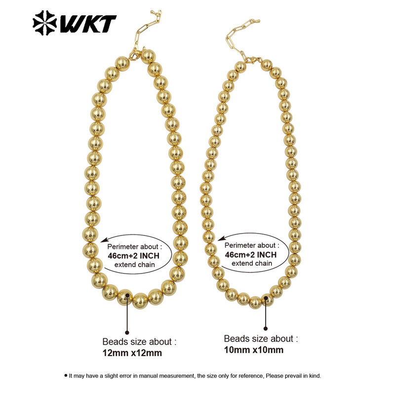 WT-JFN14 Fashionable 18K Real Gold Plated Round Big Brass Beads Hand Strad Chain Necklace 10 And 12MM Avaliable
