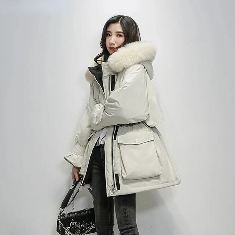 Winter Hooded Fur Collar Cotton Padded Parka Women Loose Mid-length Coat Thicken Overcoat Warm Snow Jacket Windbreaker Outwear