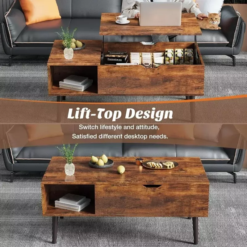 Mesas de café de madeira com armazenamento prateleira e compartimento escondido, Rising Tabletop, Brown Freight, Room Table, Free Center