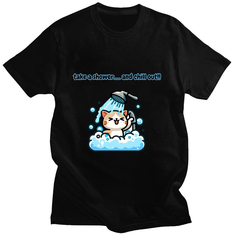 Cat Shower T-shirt Short Sleeve Anime Harajuku Summer Tee-shirt Cartoon Print O-neck Soft Tshirt Camiseta Hombre Cotton Clothes