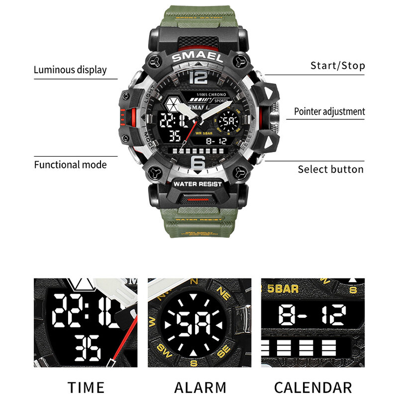 SMAEL 남자 스포츠 시계 50m 방수, 밀리터리 스포츠 시계, 디지털 8072 듀얼 디스플레이 시계, 쿼츠 LED 디지털 시계