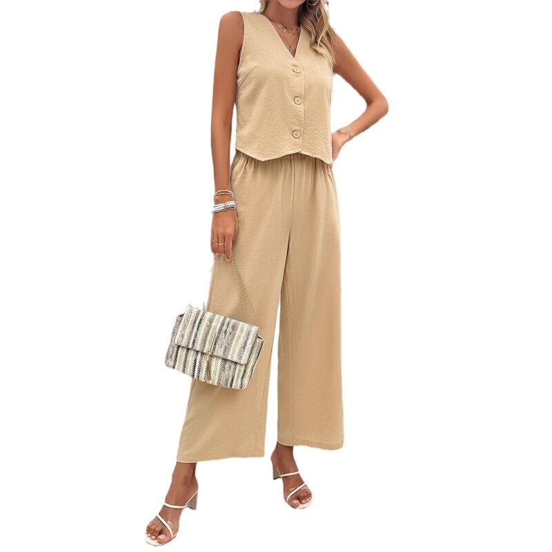 Fashion Women's Clothing 2024 Spring and Summer Casual Temperament Solid Color Wide Leg Pants Vest Suit