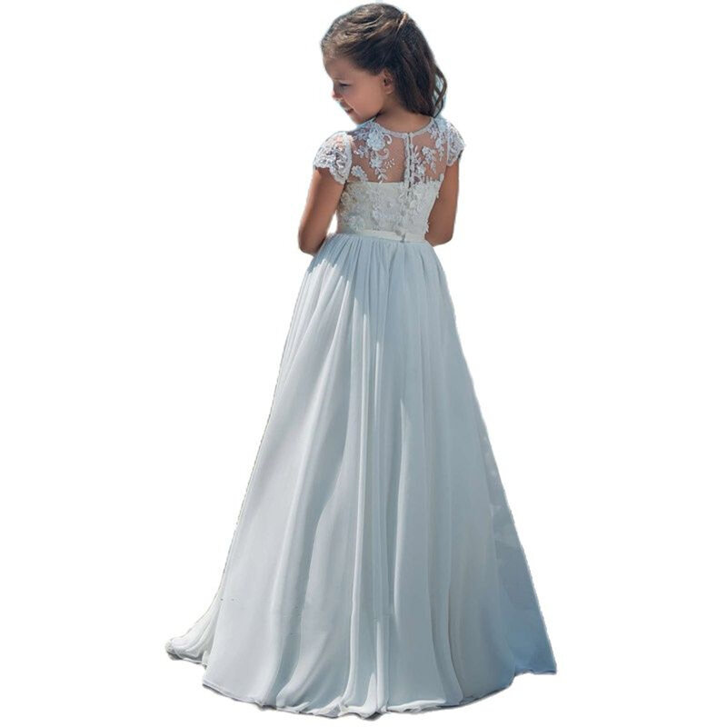 Vestido de baile de renda chiffon branco para crianças, princesa vestido floral com arco, cristal frisado para meninas, vestido de primeira comunhão