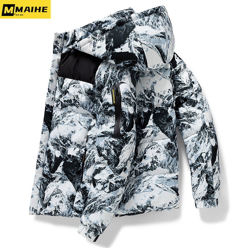 남성용 코튼 재킷, 한국 패션 트렌드, 루즈 숏 프린트 코트, 하이 퀄리티 두꺼운 패딩 코트, 가을 및 겨울