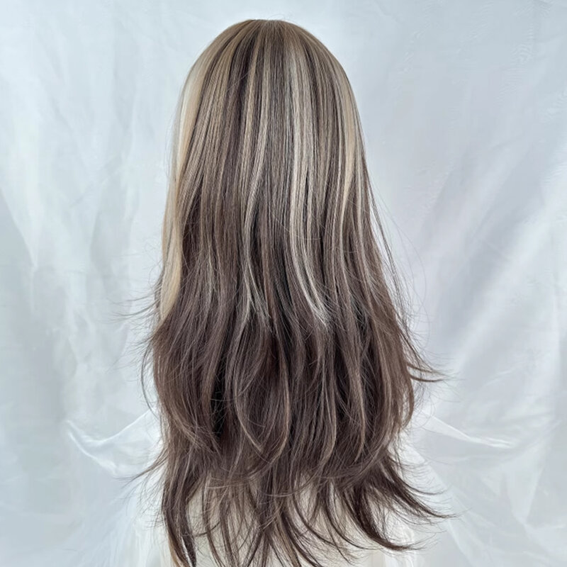 VICWIG-peluca larga ondulada en capas con flequillo para mujer, pelo esponjoso de Cosplay de Lolita para fiesta diaria, mezcla de marrón sintético