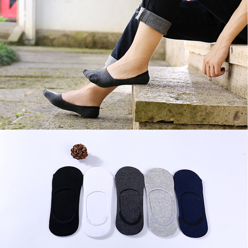 5 Pairs Plus Size 47,48 Mens Boat Socks Large Summer Non-slip Silicone Invisible No Show Sock Slippers Cotton Black Sporty Meias
