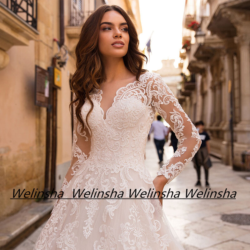 Exquisite Lace Wedding Dress Woman Long Sleeves V Neck Applique Sweep Train Vestido De Noiva Bridal Gown for Bride Lace-up