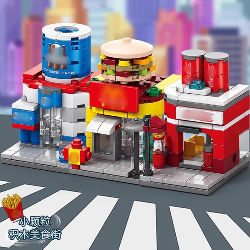Kreatywny Mini sklep z kawą burgerami Bar z przekąskami klocki ulica miasta widok domu zabaw zbierają cegły dziewczęce zabawka miniaturka