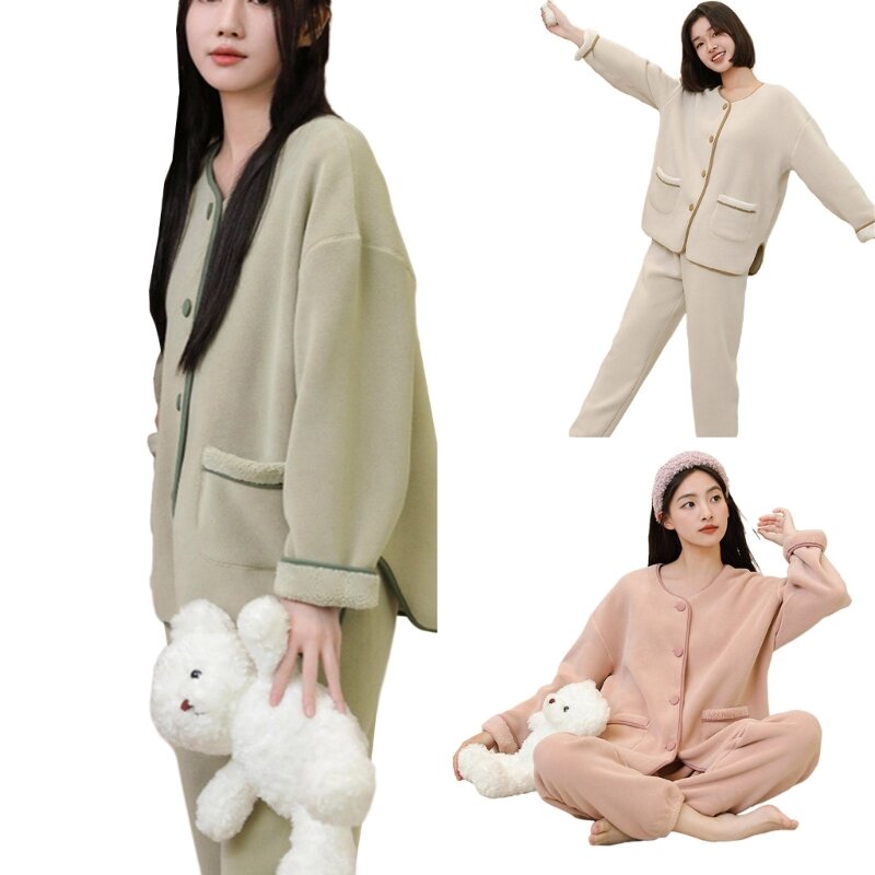 Pijama feminino lã manga comprida redonda com botão na parte superior calça colorblock roupa dormir