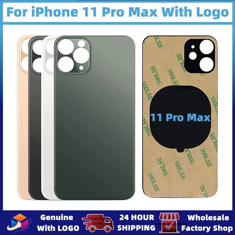 Penutup baterai Panel kaca belakang iPhone 11 Pro Max suku cadang pengganti kualitas tinggi dengan Logo kaca lubang besar casing belakang Pengiriman cepat dan gratis 100% teruji