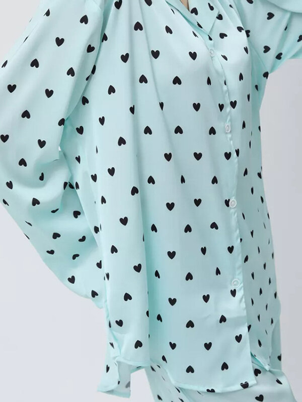 Marthaqiqi-Roupas domésticas soltas para mulheres, pijamas com gola virada para baixo, camisolas de manga comprida, pijamas casuais para senhoras, terno sexy de 2 peças