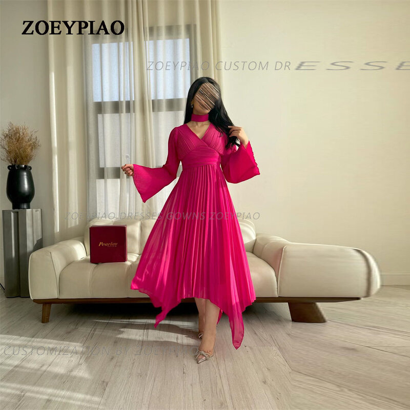 Hot Pink Elegant Gowns Evening Dress Party Dresses for Special Events A Line Chiffon Graduate High Neck Full Sleeves Prom Gowns
