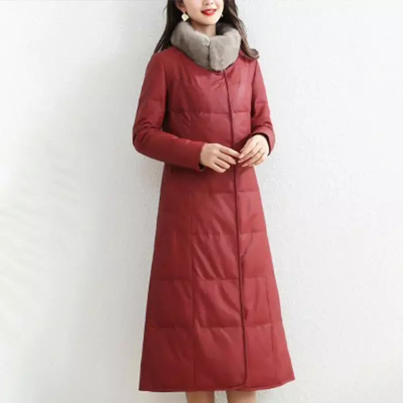 여성용 천연 가죽 다운 재킷, 긴 밍크 퍼 칼라, 양가죽 기모 안감, 두꺼운 가죽 코트