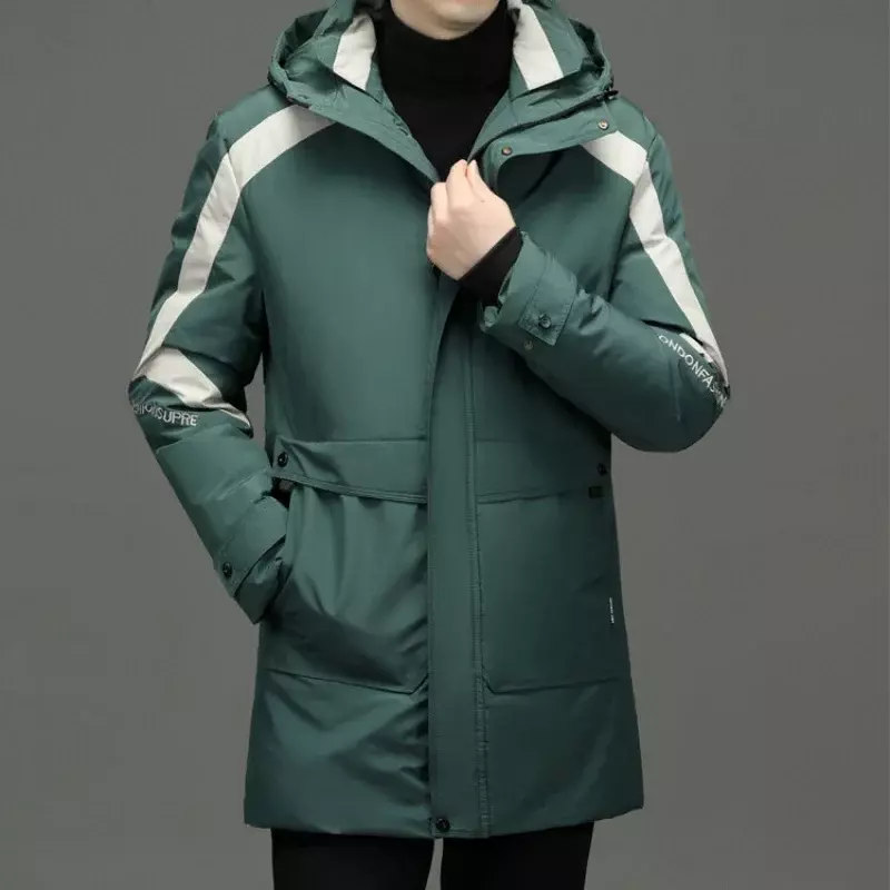 Casaco de capuz espesso de comprimento médio masculino, roupas quentes de inverno, jaqueta fria, tops casuais, novo