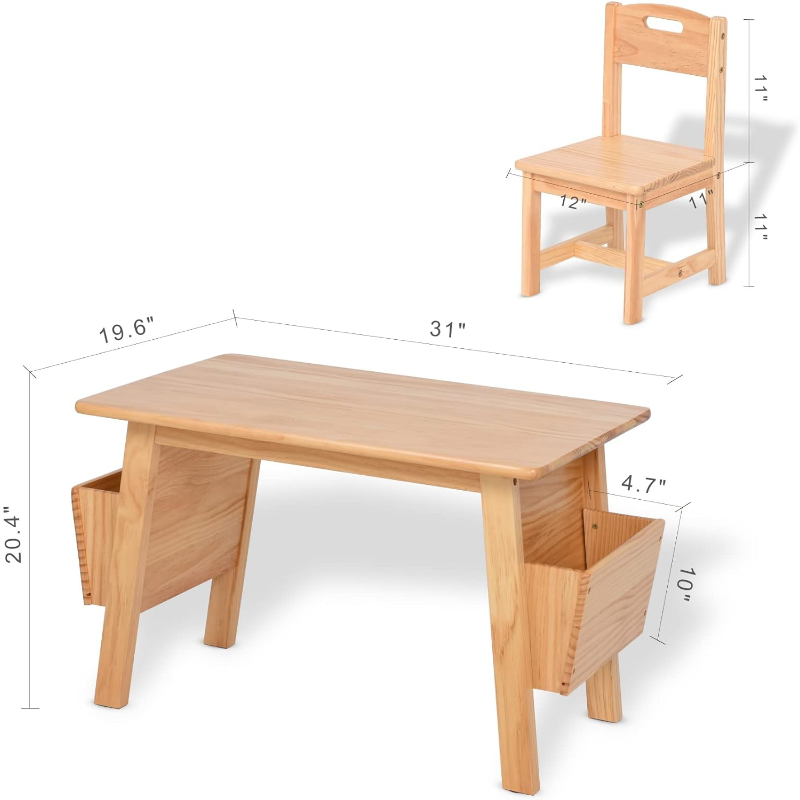 Rand Kinder Massivholz Tisch und 2 Stuhl Set mit Aufbewahrung Schreibtisch und Stuhl Set für Kinder Kleinkind Aktivität Tisch