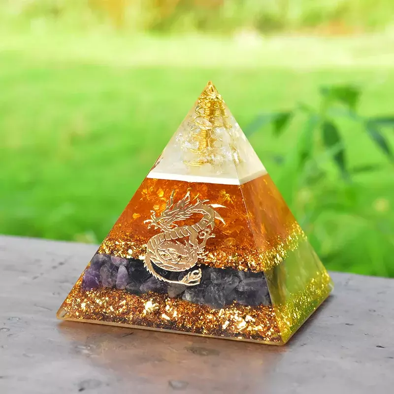 Chinese Fengshui Orgonite Pyramid Chinese Dragon Elements and Large Spiral Citrine Brings Power and Wealth Pyramid Customized
