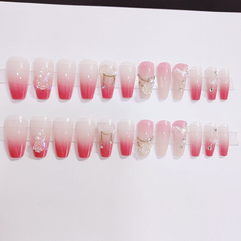 Unghie finte rosa con decorazioni a farfalla 3D materiale sicuro a lunga durata unghie finte impermeabili per salone di bellezza per donne e ragazze