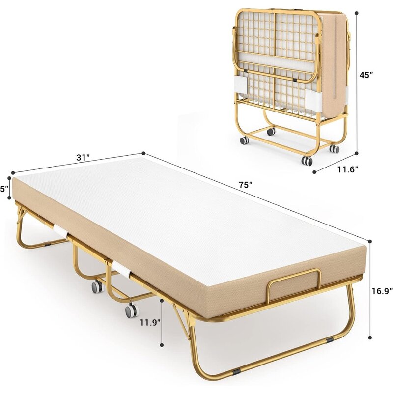 Homieasy Folding Bed with Mattress, Portable Foldable Bed with Storage Cover, Rollaway Bed for Adults Luxury Glod, 75” x 31”