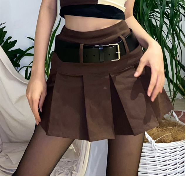 Faldas plisadas de estilo Vintage para mujer, de cintura alta minifalda, ropa Kawaii de estética de los años 90, color marrón