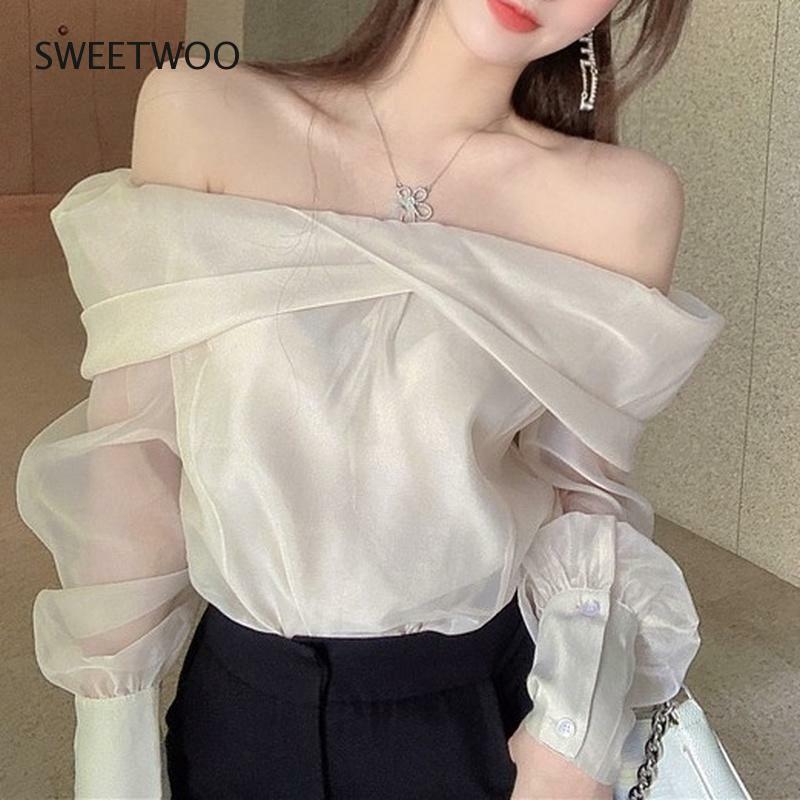 Blusa de manga larga con encaje transparente para mujer, camisa Sexy holgada con cuello de barco, moda coreana, elegante, 2022