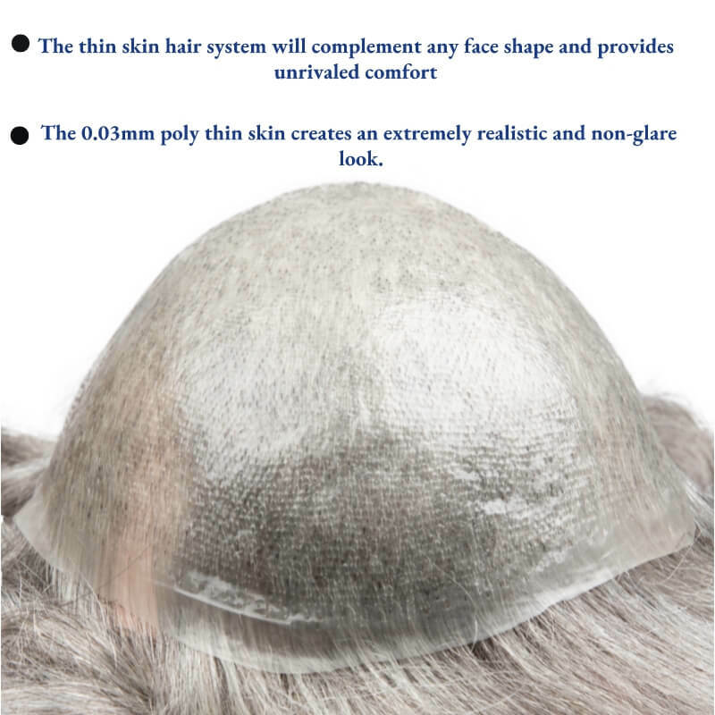 Rambut palsu pria, Wig pengganti rambut manusia alami 0.03mm kulit Ultra tipis