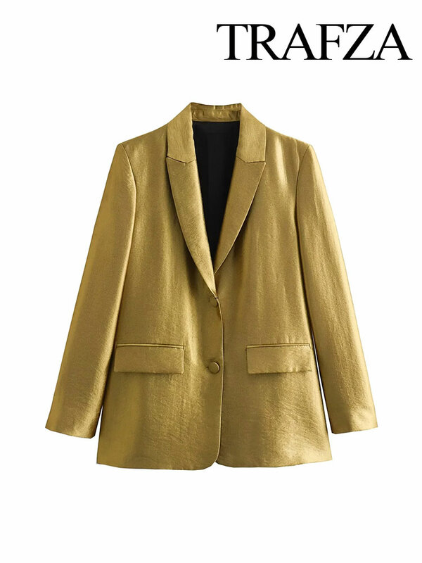 TRAFZA Autumn New Women's Fashion Gold Blazer Retro V Neck Party Long Sleeve Button Up Women's Pocket Casual Blazer Chic Top
