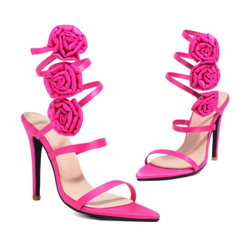 Rose Red Satin 3D Flower Sandals Snake Wrapped Silk 12cm Slim Fit High Heel Sandals 35-47 Birthday Party Wedding Women Shoes