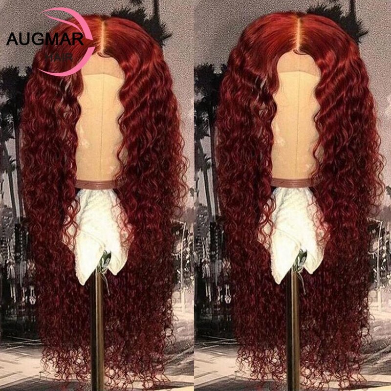 Perruque Lace Front Wig sans colle naturelle bouclée rouge, cheveux humains, 13x4, 13x6, transparente HD, pre-plucked, 360