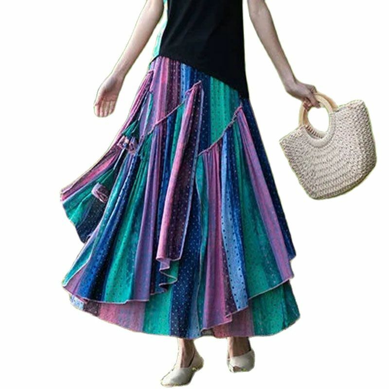 Ethnic Retro Large Size Cotton And Linen Striped Female Long Big Swing Loose Slim High Waist Fashion Print