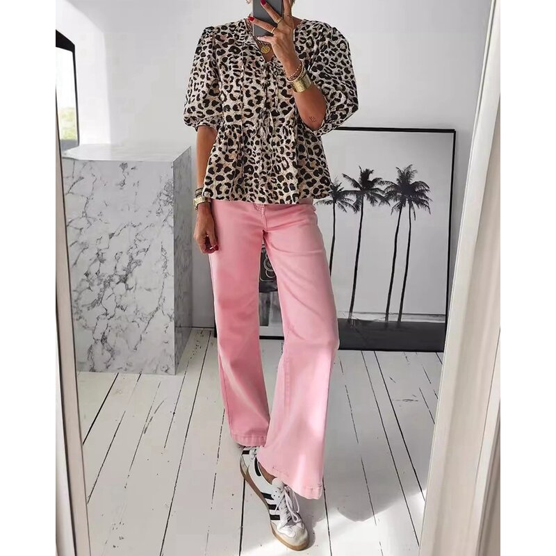 Women Leopard Print Lantern Sleeve Blouse Summer Fashion Casual Tied Detail Ruched Design Casual T Shirt Sexy Blouse Workwear