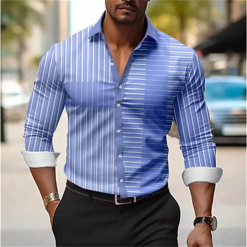 Camisa polo masculina de manga comprida, camisa de botão, camisa estampada com listra vintage, top designer macio e confortável, S-6XL, Novo, 2024
