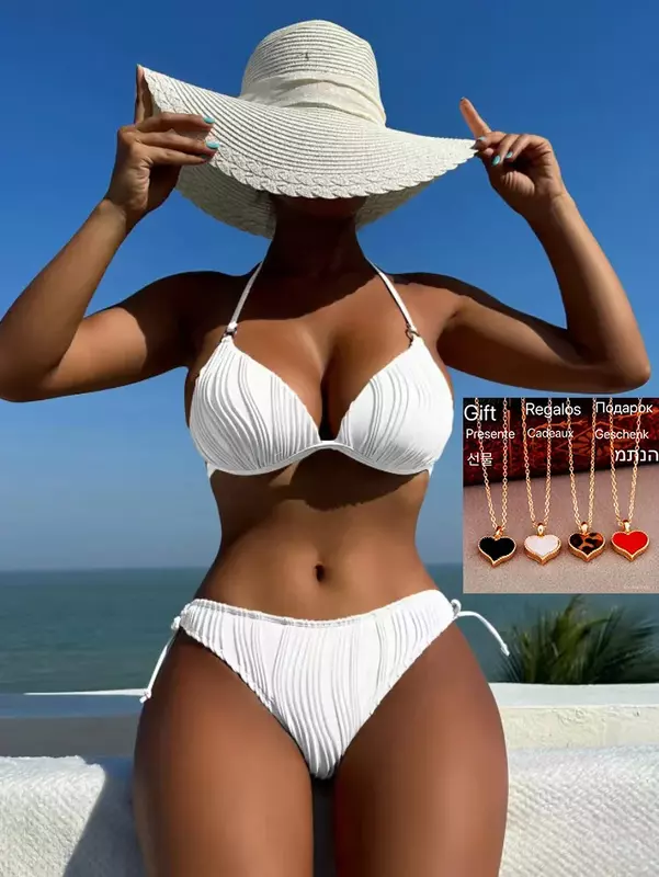 Bikini con espalda descubierta para mujer, microbañador acolchado con Push-Up, traje de baño blanco con Tanga lateral y lazo, 2024