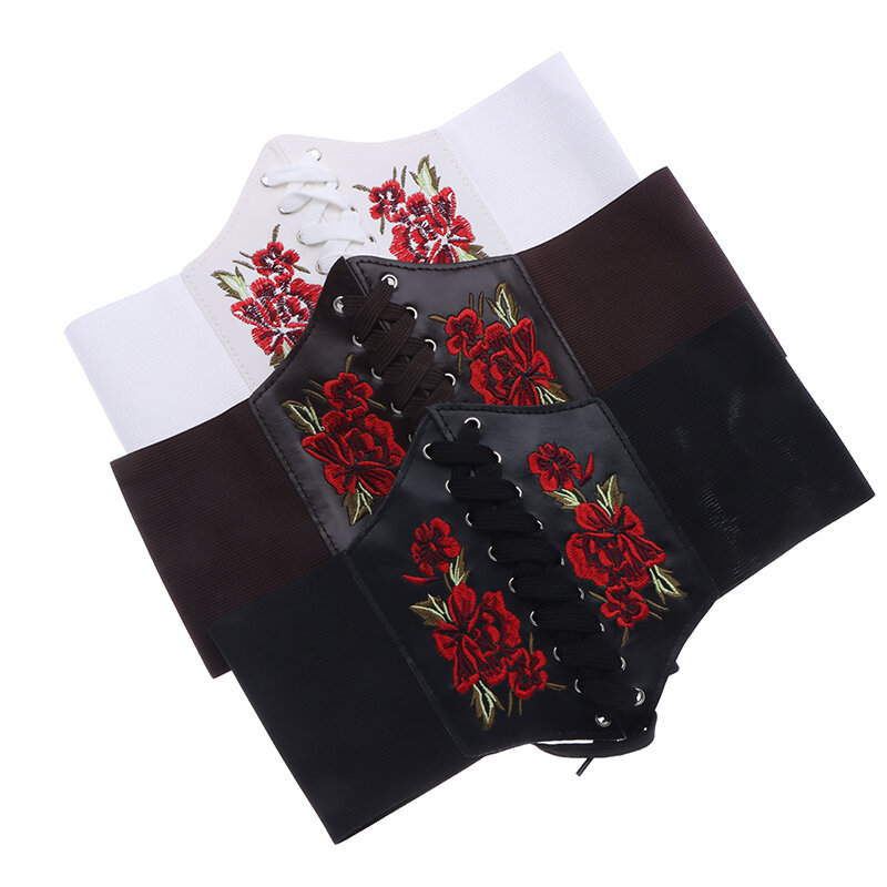 1 Stuks Dames Korset Riem Gothic Mode Pu Bloem Borduurwerk Cummerbunds Vrouwelijke Afslankende Tailleband Vintage Zwarte Brede Riem
