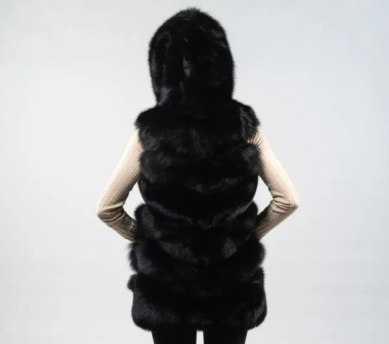 2023 Topkwaliteit Warme Pure Kleur Zwart Echt Bont Vest Natuurlijk Vossenbont Capuchon Dikte Manteau Femme Hiver Mouwloos Echt Bont Ja