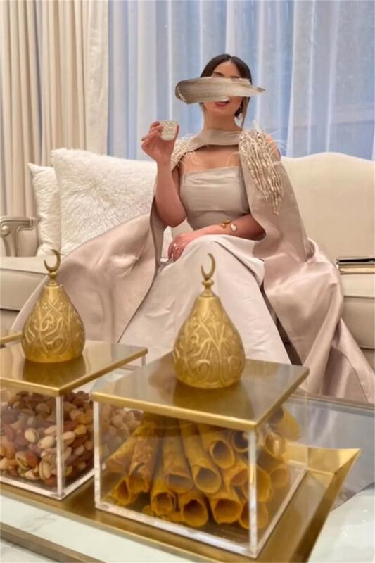 Saudi-Arabien Ballkleid Abend Trikot Feder Perlen drapiert Abschluss ball A-Linie träger los maßge schneiderte Anlass Kleid lange Kleider