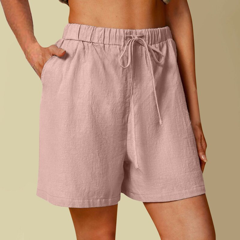 Pantalones cortos de lino y algodón para mujer, Shorts informales de cintura alta, color liso, cintura elástica, talla grande, Verano