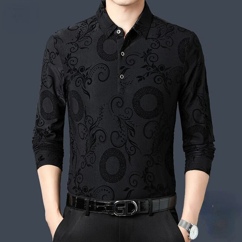 High end autumn new men's long sleeved polo shirt, fashionable and loose fitting large size printed lapel T-shirt, dad shirt