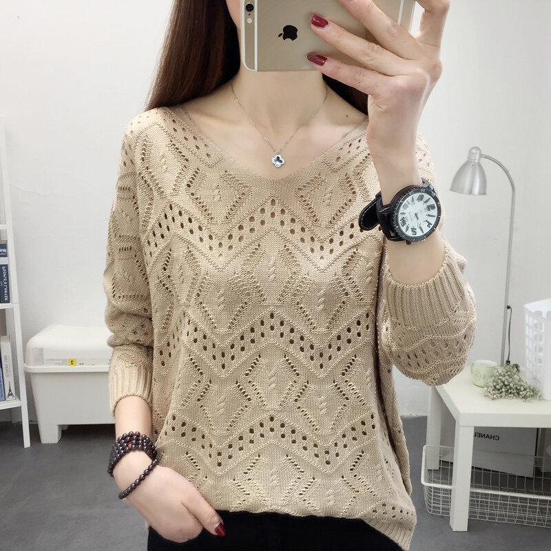Women Summer V-neck Hollow Out Knitted Pullover Tops Long Sleeve Fashion Ladies Pull Jumpers