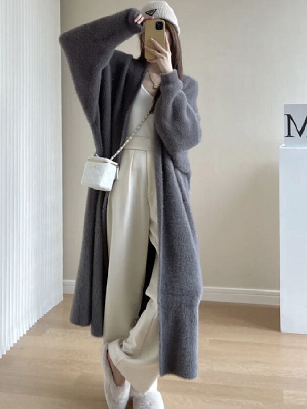 Fluffy Long Cardigan Women Elegant Long Sleeve Fur Loose Female Knit Sweater Coat 2023 Autumn Winter Street Maxi Lady Outwear