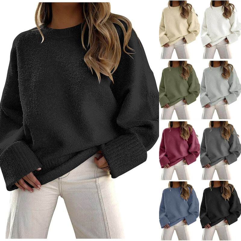 Suéter de caxemira feminino, pulôveres de malha, tops soltos casuais, gola O, manga de taco, blusa grossa de malha, outono inverno, 2023