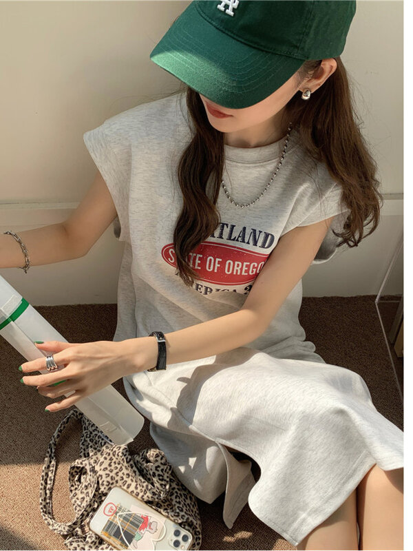 Sukienka bez rękawów dla letnich kobiet 2024 nowa koreańska wersja luźna i wyszczuplająca sportowa sukienka w stylu Casual t-shirt S2HH