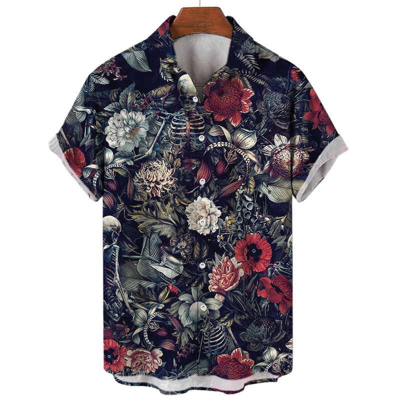 Camisas de calavera Hawaiana de gran tamaño para hombres, blusa Social diaria de verano de alta calidad, ropa de calle Harajuku, Tops góticos de manga corta con botón