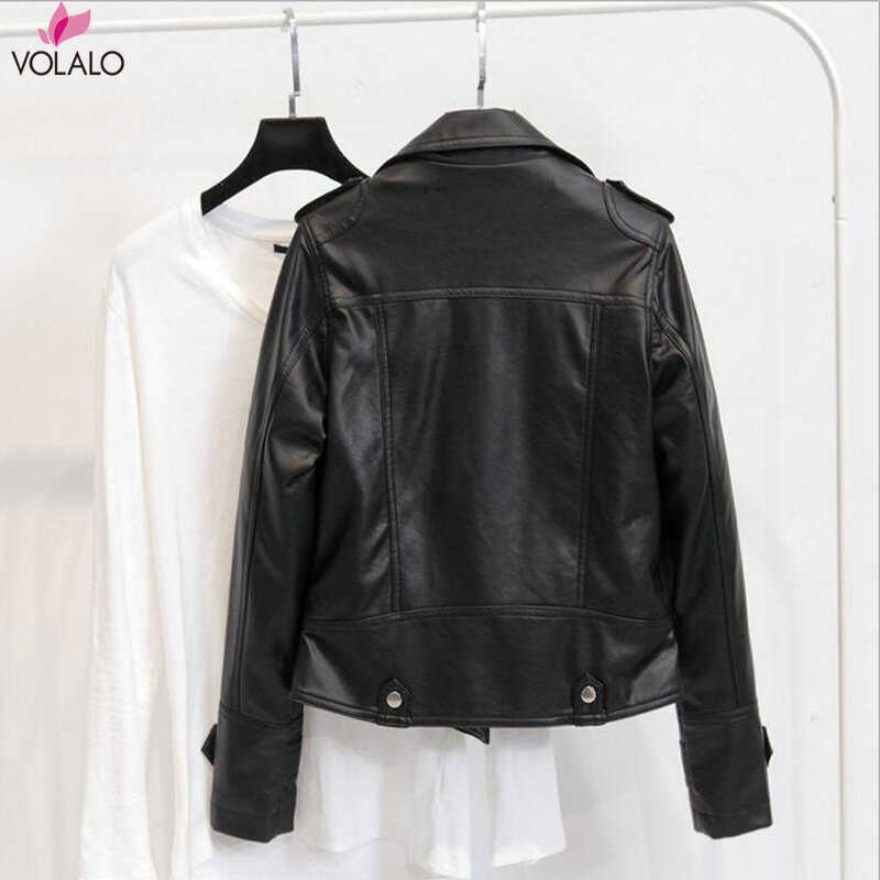 VOLALO-Chaqueta de cuero sintético para mujer, abrigo clásico con cuello vuelto, color negro, para motociclista, otoño