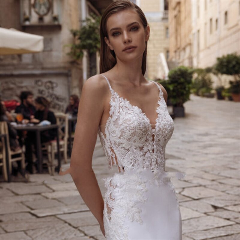 Koronkowe sukienki galowe 2023 suknia ślubna z dekoltem w szpic białe suknie ślubne dla kobiet Amandas Novias oficjalny sklep panna młoda kobieta ślubna