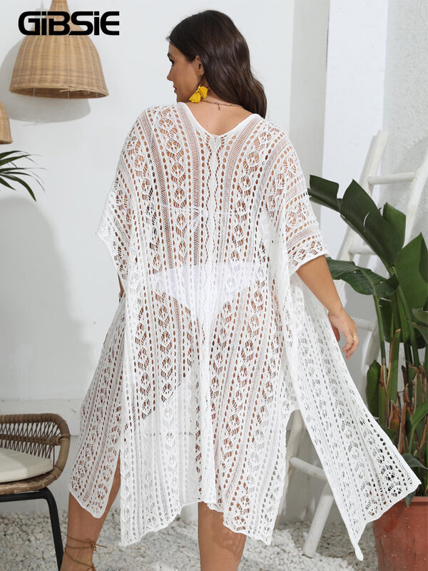 GIBSIE Plus Size White Kimono Bikini Cover Up For Women 2023 Holiday See Through Hollow Out Knitted Split Long Beach Cover-ups