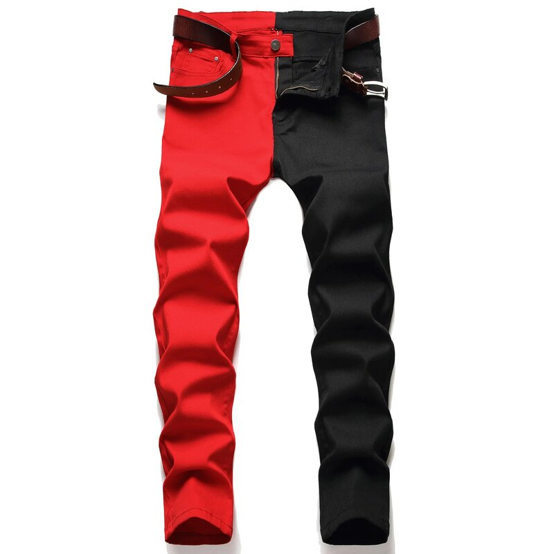Calça jeans de retalhos preto e vermelho masculina, streetwear hip-hop, jeans rasgados, moda Harajuku