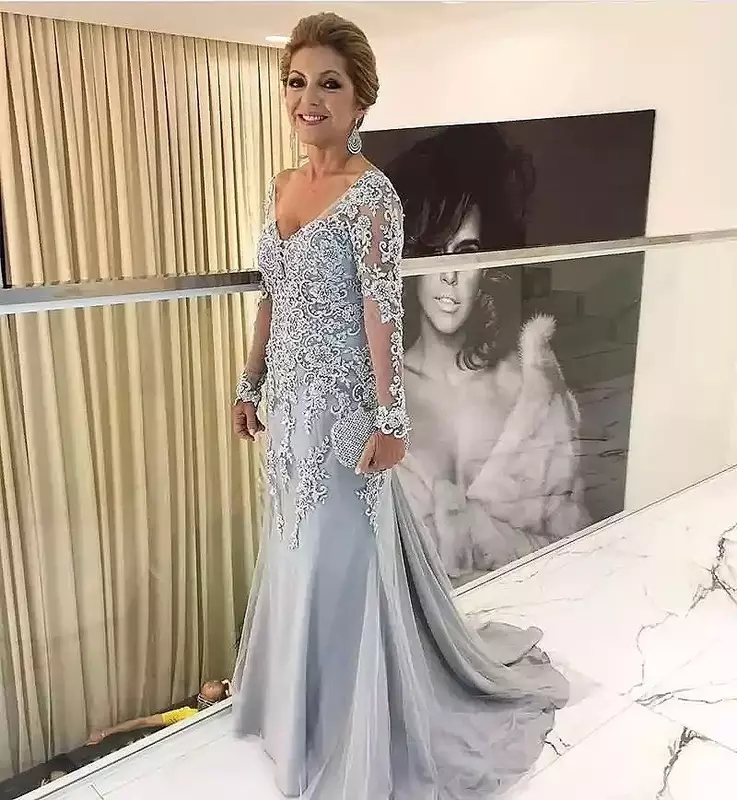 2024 Mermaid Mother Of The Bride Dress Long Sleeve Beaded Tulle Satin Groom Mother Dress Plus Size Wedding Party Guest Gown