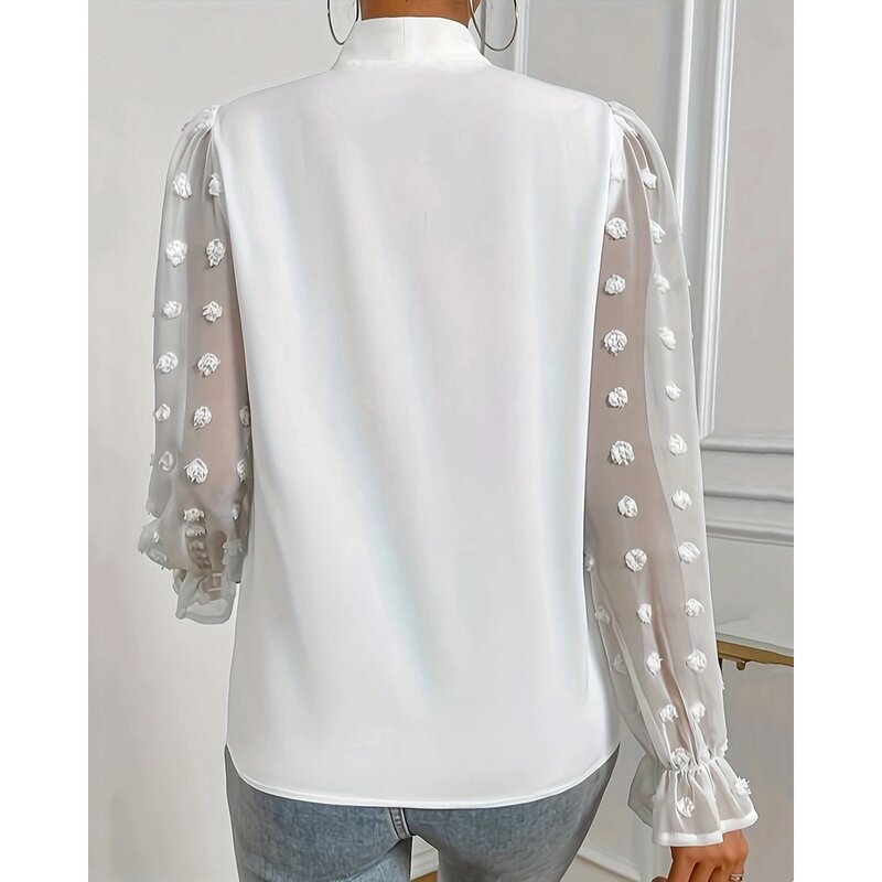 Женская Повседневная летняя блузка с рукавами-фонариками и V-образным вырезом, женские прозрачные сетчатые рубашки и блузки с рюшами, модный белый топ, винтажная одежда