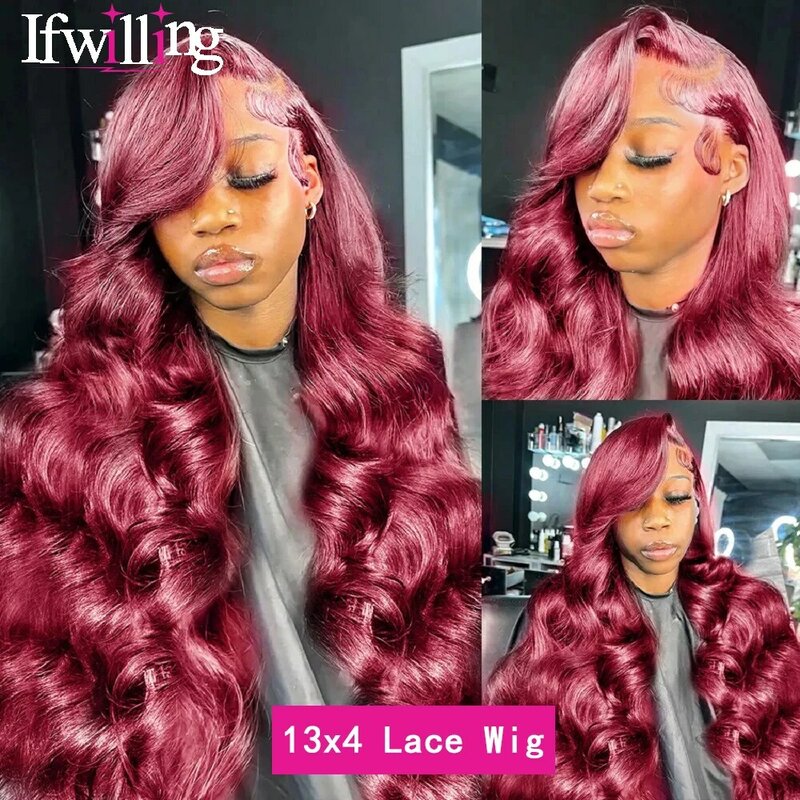 Perruque Lace Front Wig Body Wave Naturelle, Cheveux Humains, Bordeaux 99J HD, 13x6, 30 Pouces