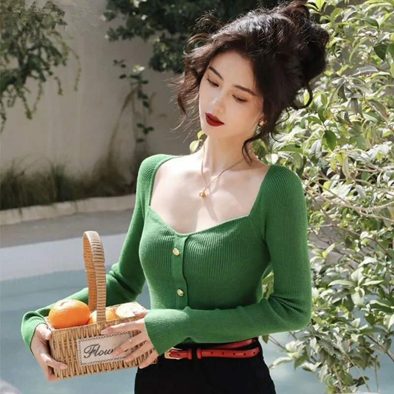 เสื้อสเวตเตอร์แขนยาวคอเหลี่ยมสำหรับผู้หญิง atasan Bahan rajut ยางสวมหัวทรงพอดีตัวแน่นสง่างาม MODE Korea ฤดูใบไม้ร่วงใหม่